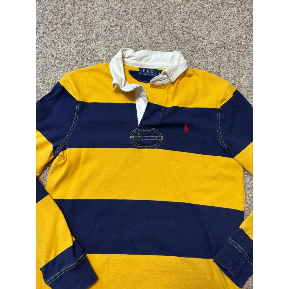 Polo Ralph Lauren Rugby Shirt Mens Small Yellow Navy Blue Striped Long Sleeve